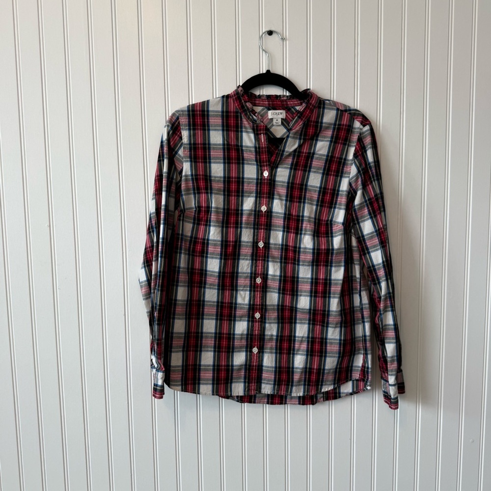 J Crew Factory Tartan Plaid Holiday Long Sleeve Ruffled Neck Shirt Size M